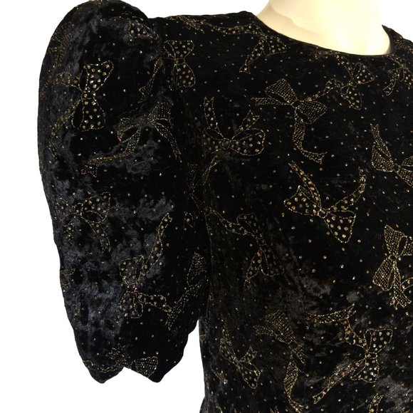 Vintage Scott McClintock Velvet Dress Puff Sleeve Gold Bow Print MOB WIFE Prom - Picture 7 of 13